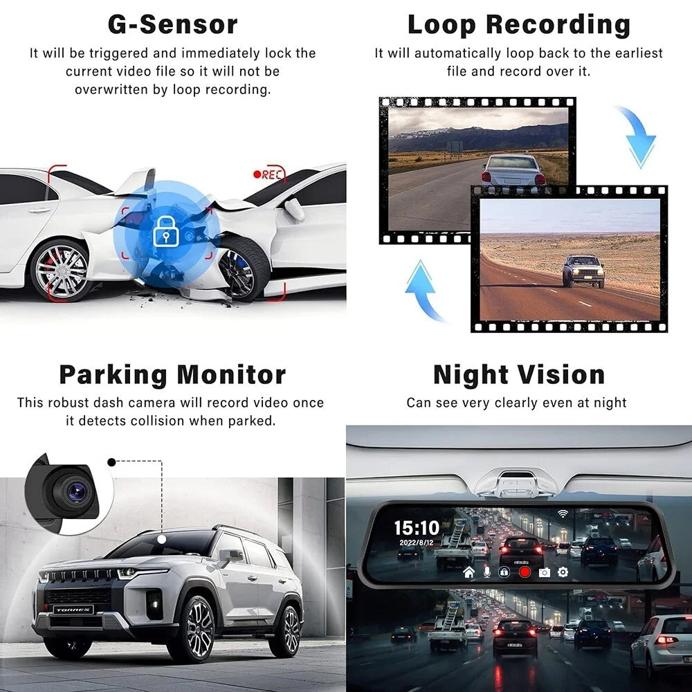 2.5K Mirror Dash Cam, 10" Rear View Mirror Camera, 1440P Front and 1080P Rear Camera with Wifi, Night Vision, Parking Assistance, Free 32GB Card