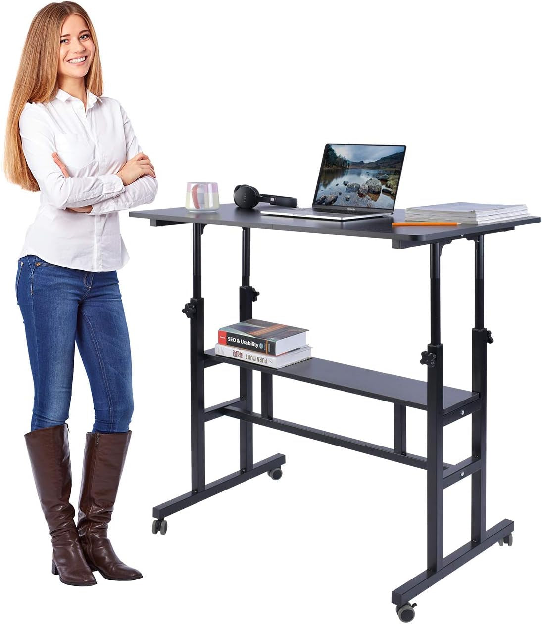 Mobile Standing Desk, Adjustable Computer Desk Rolling Laptop Cart on Wheels Home Office Computer Workstation, Portable Laptop Stand Tall Table for Standing or Sitting, Black, 39.4" X 23.6"