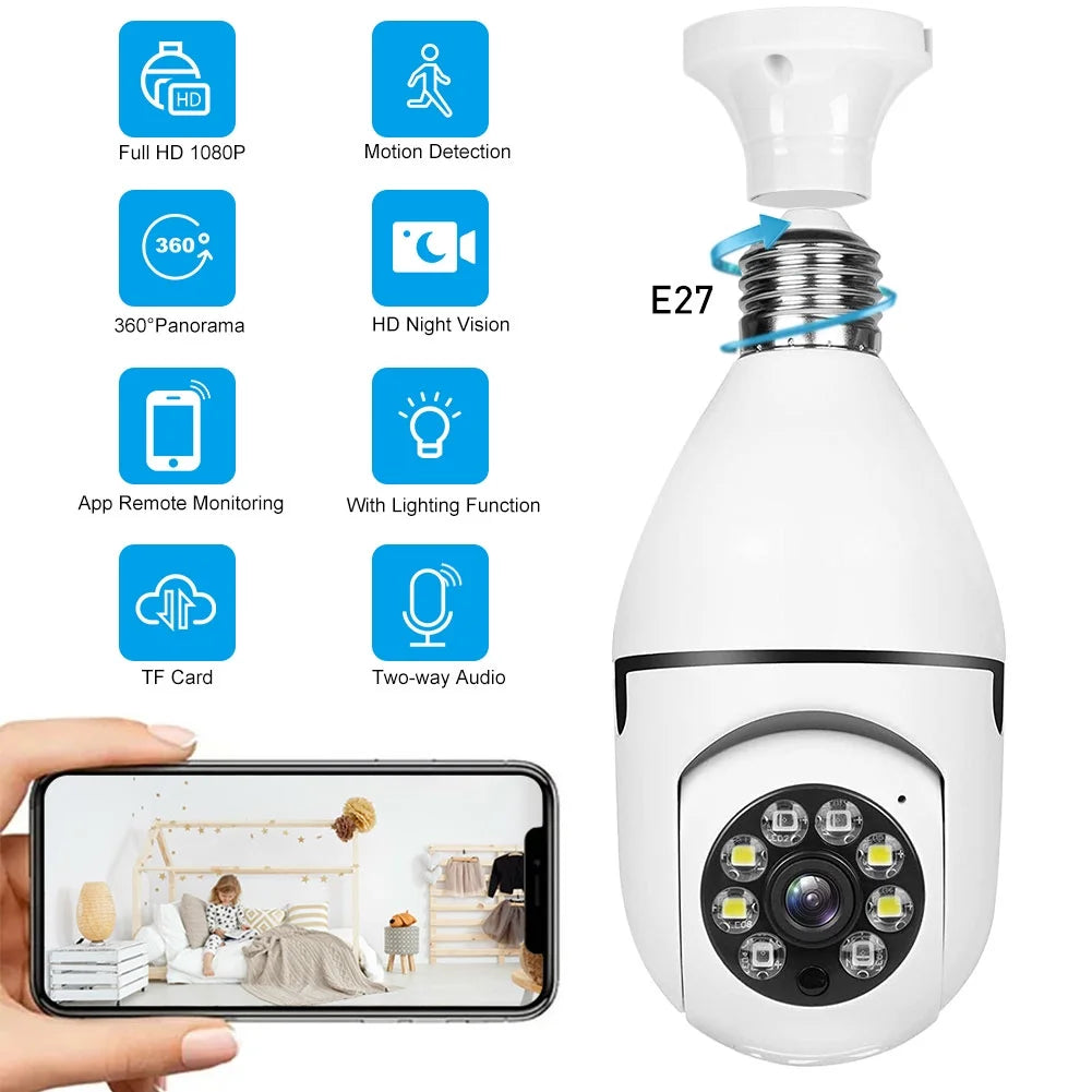 Home Security Camera Wireless WIFI Outdoor Surveillance Camera with Light Bulb 1080 HD Motion Detection 360 Degree Wide Angle