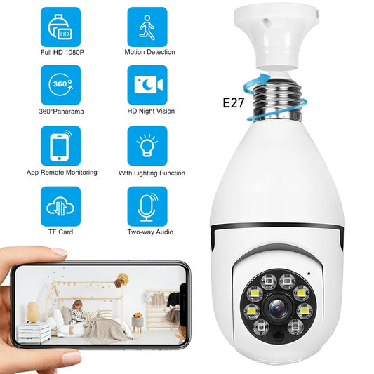 Home Security Camera Wireless WIFI Outdoor Surveillance Camera with Light Bulb 1080 HD Motion Detection 360 Degree Wide Angle