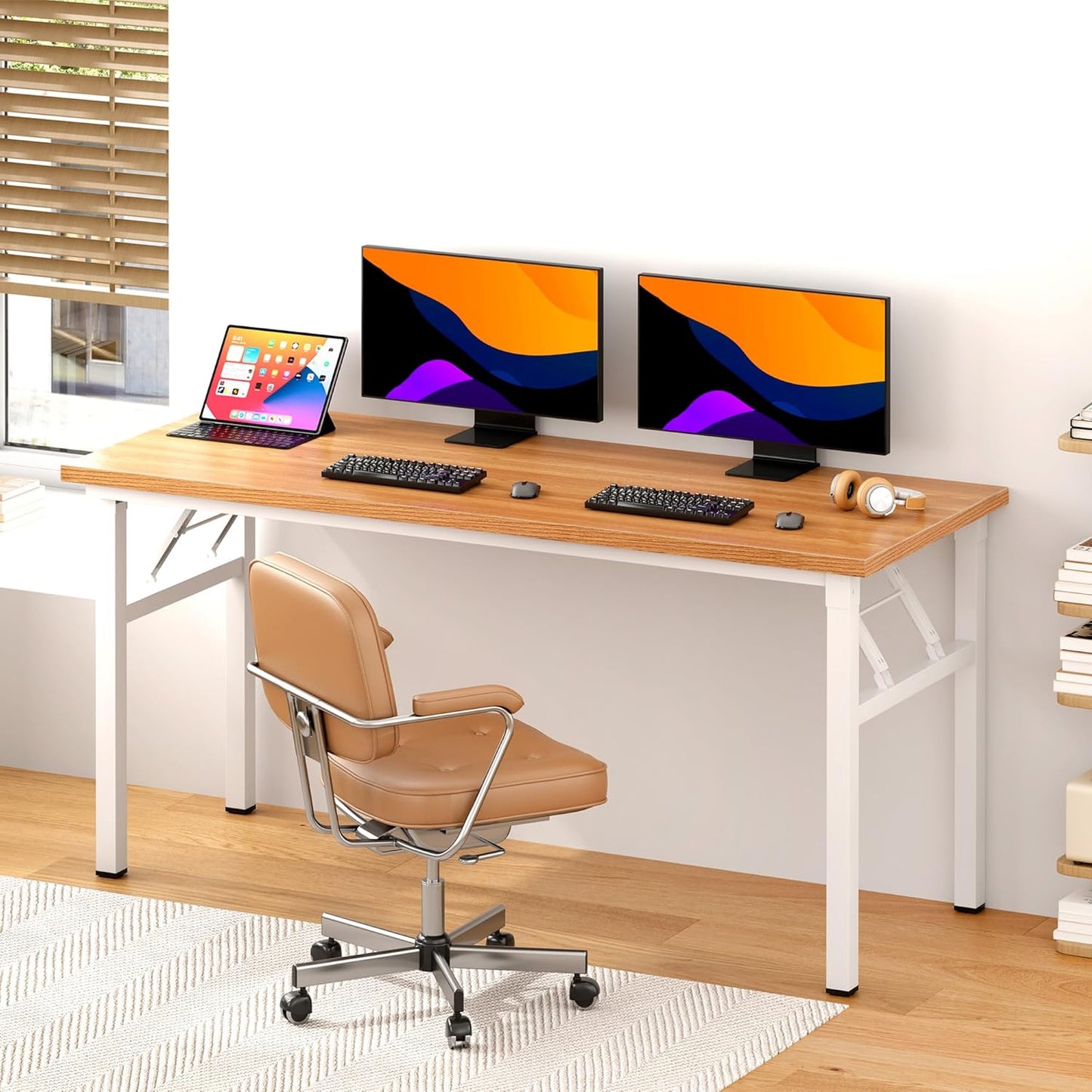 Computer Desk 62 Inches Office Desk Computer Table Study Writing Desk Workstation for Home Office Metal Frame Teak and White