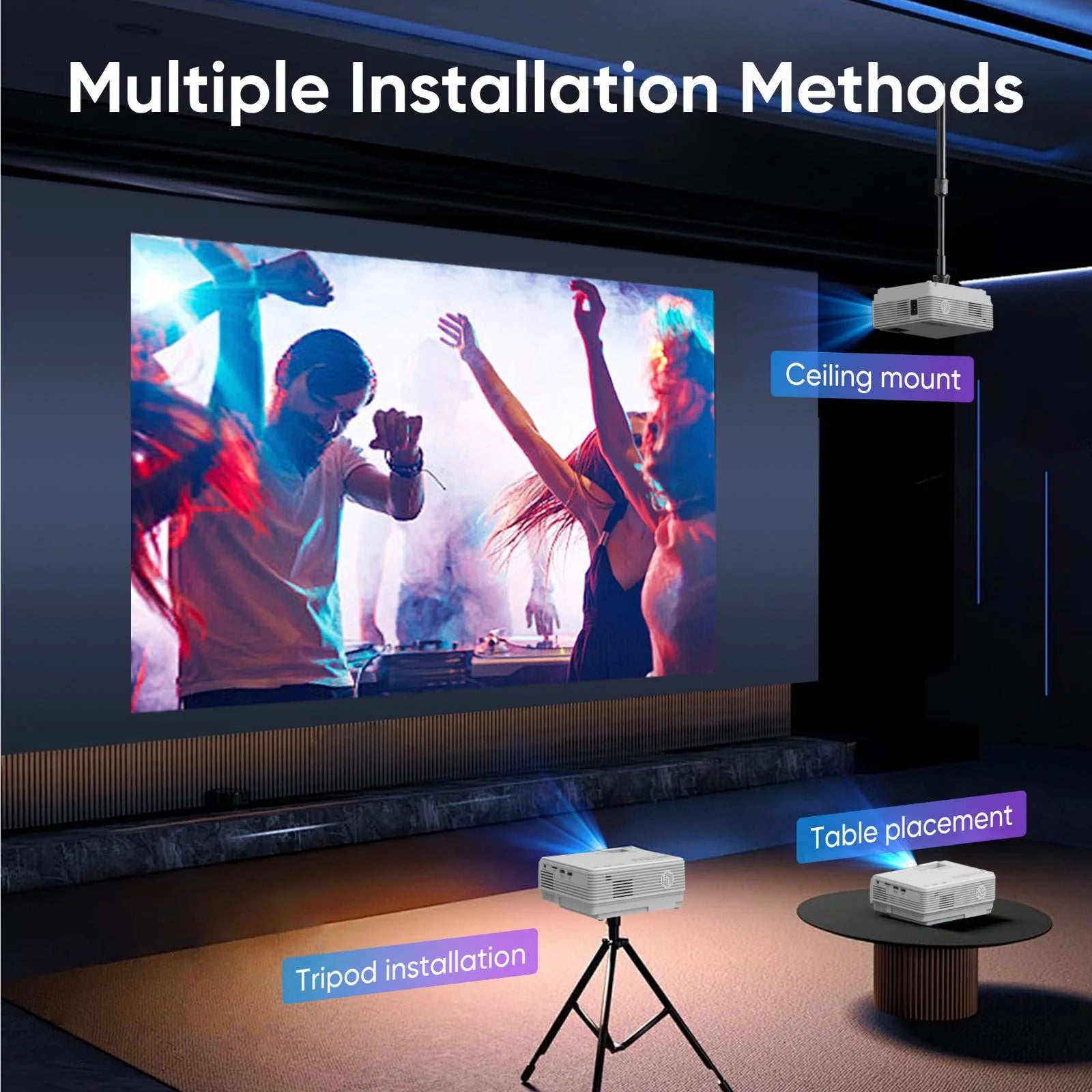DR.J Professional Mini Projector with Bluetooth 5.2 and Screen, 8000L HD 1080P Projector, 200" Screen Supported
