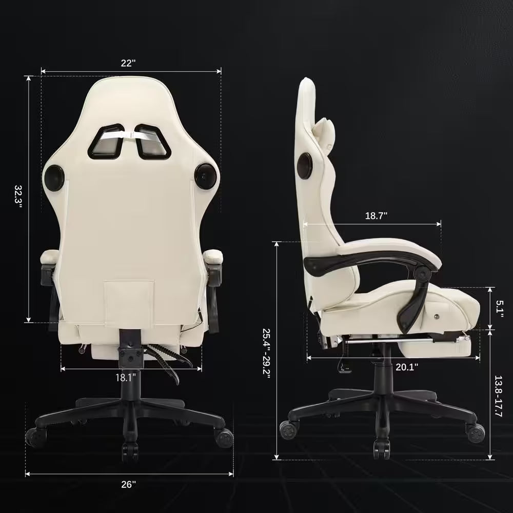 Gaming Chair with Dual Bluetooth Faux Leather Computer Chair with Footrest Ergonomic Computer Seat, Ivory