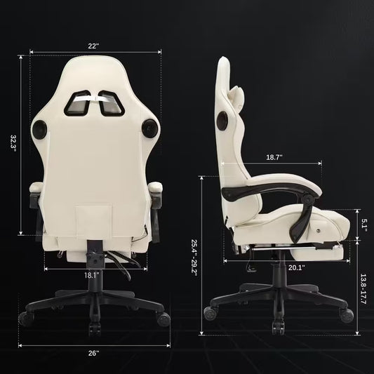 Gaming Chair with Dual Bluetooth Faux Leather Computer Chair with Footrest Ergonomic Computer Seat, Ivory