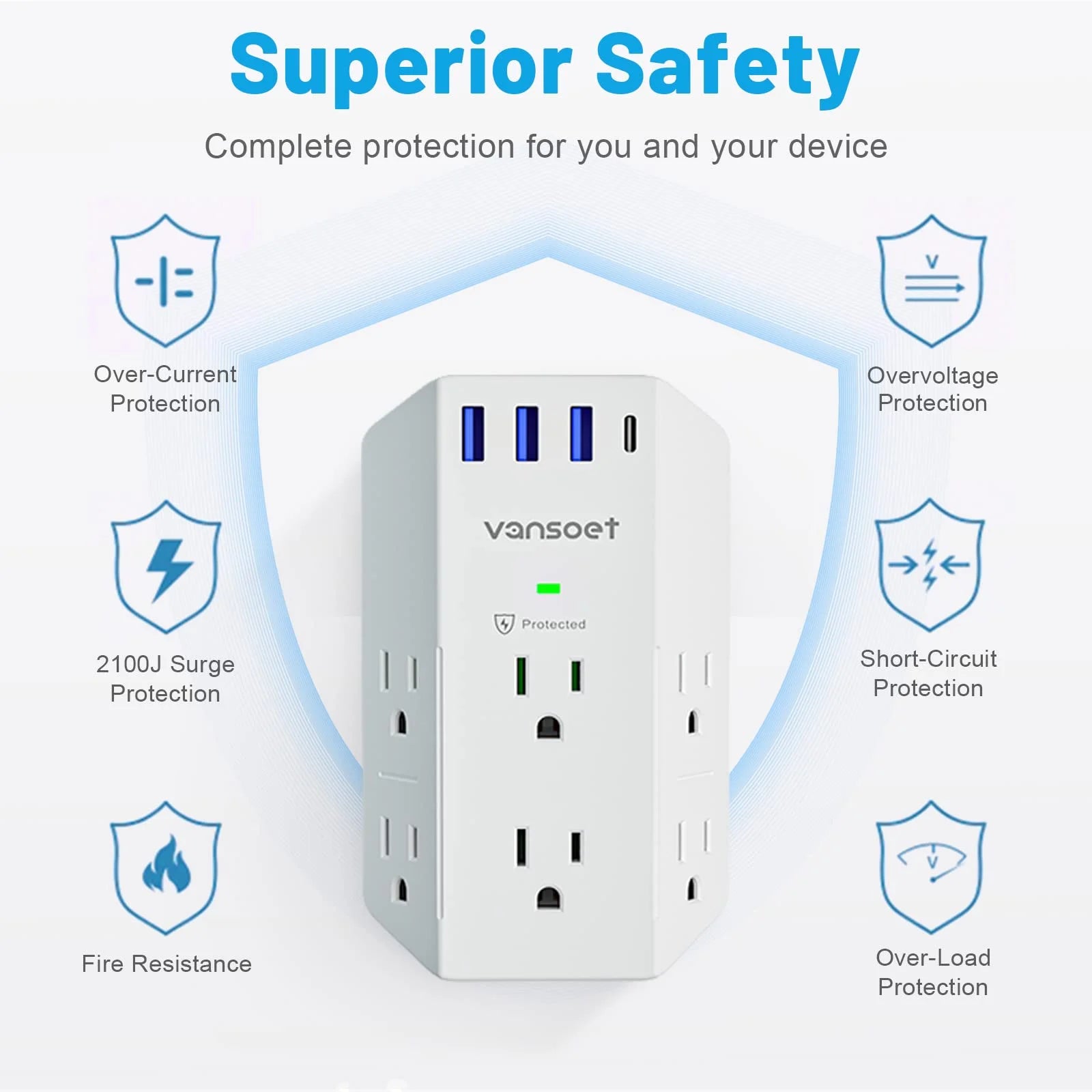Surge Protector, Outlet Extender with 6 Outlets and 4 USB Ports (1 USB C), 2100 Joules Power Strip, 3 Sided Multi Plug Outlet