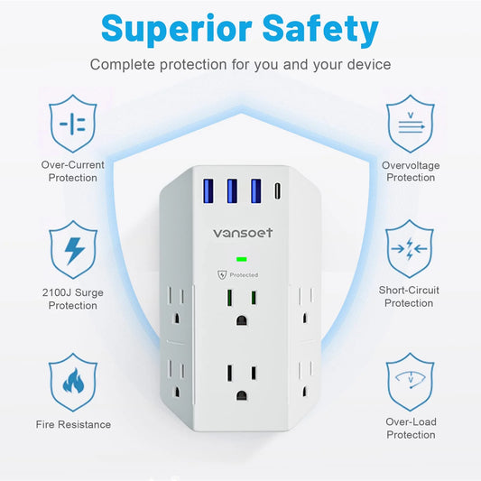 Surge Protector, Outlet Extender with 6 Outlets and 4 USB Ports (1 USB C), 2100 Joules Power Strip, 3 Sided Multi Plug Outlet