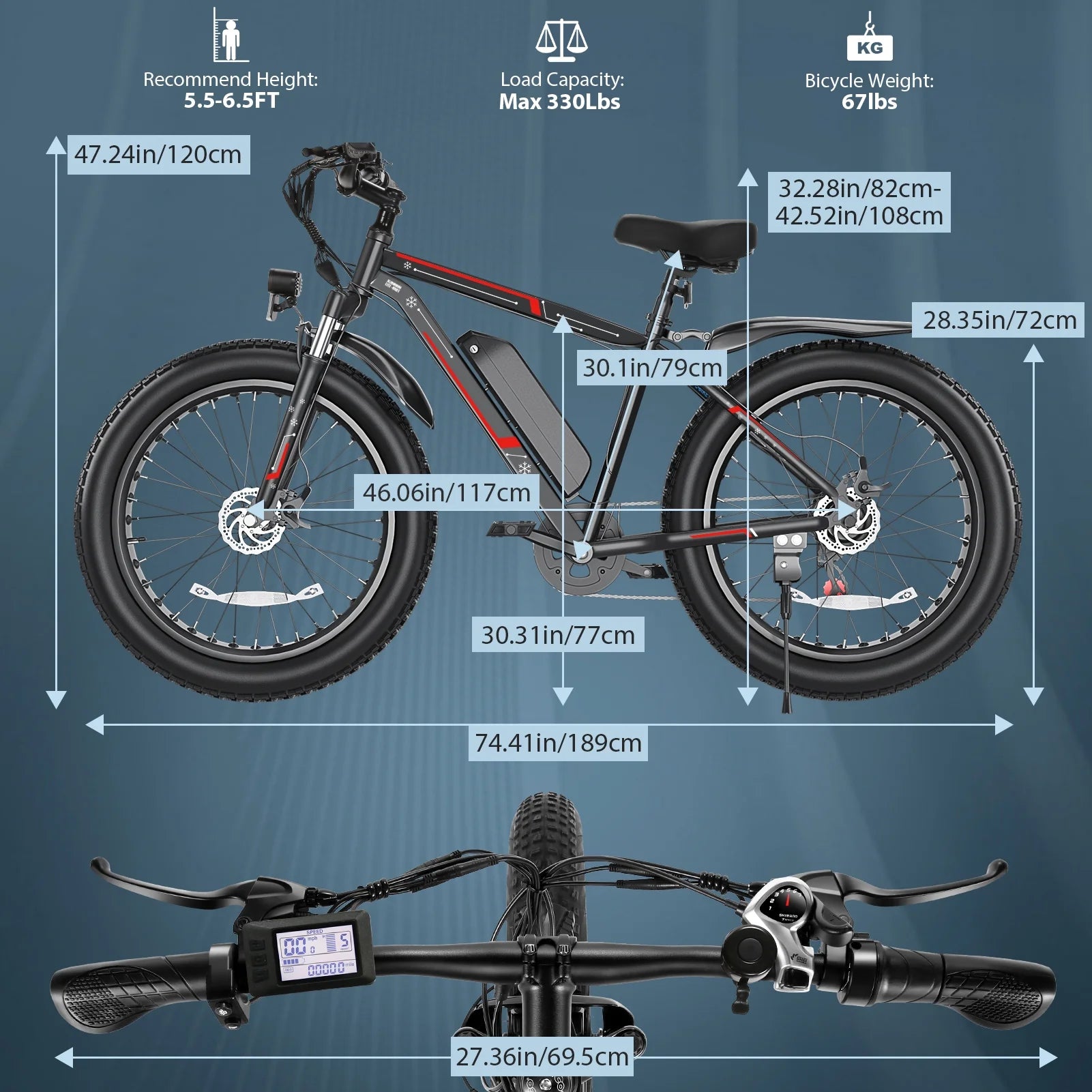 26"X4.0 Fat Tire Electric Bike, 624Wh Battery, 48V 500W Ebike Electric Mountain Bike, Cruise Control Mode, Adult E Bikes for Men, LCD Meter, 7-Speed Snow Bike Beach E-Bike for Adults UL2849