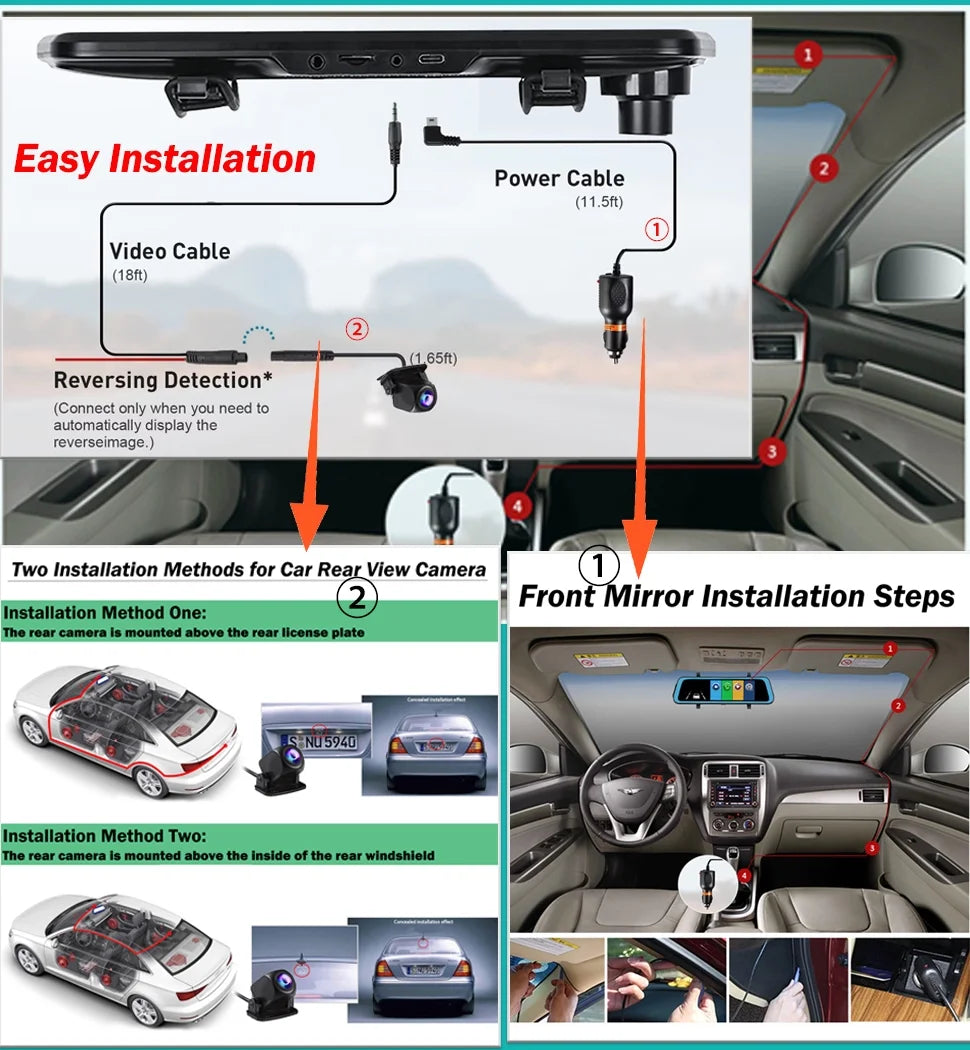 Rear View Mirror Camera, Dash Cam Front and Rear Full Touch Screen FHD 1080P for Car , Waterproof Backup WDR Camera, Night Vision, G-Sensor, Parking Moniter