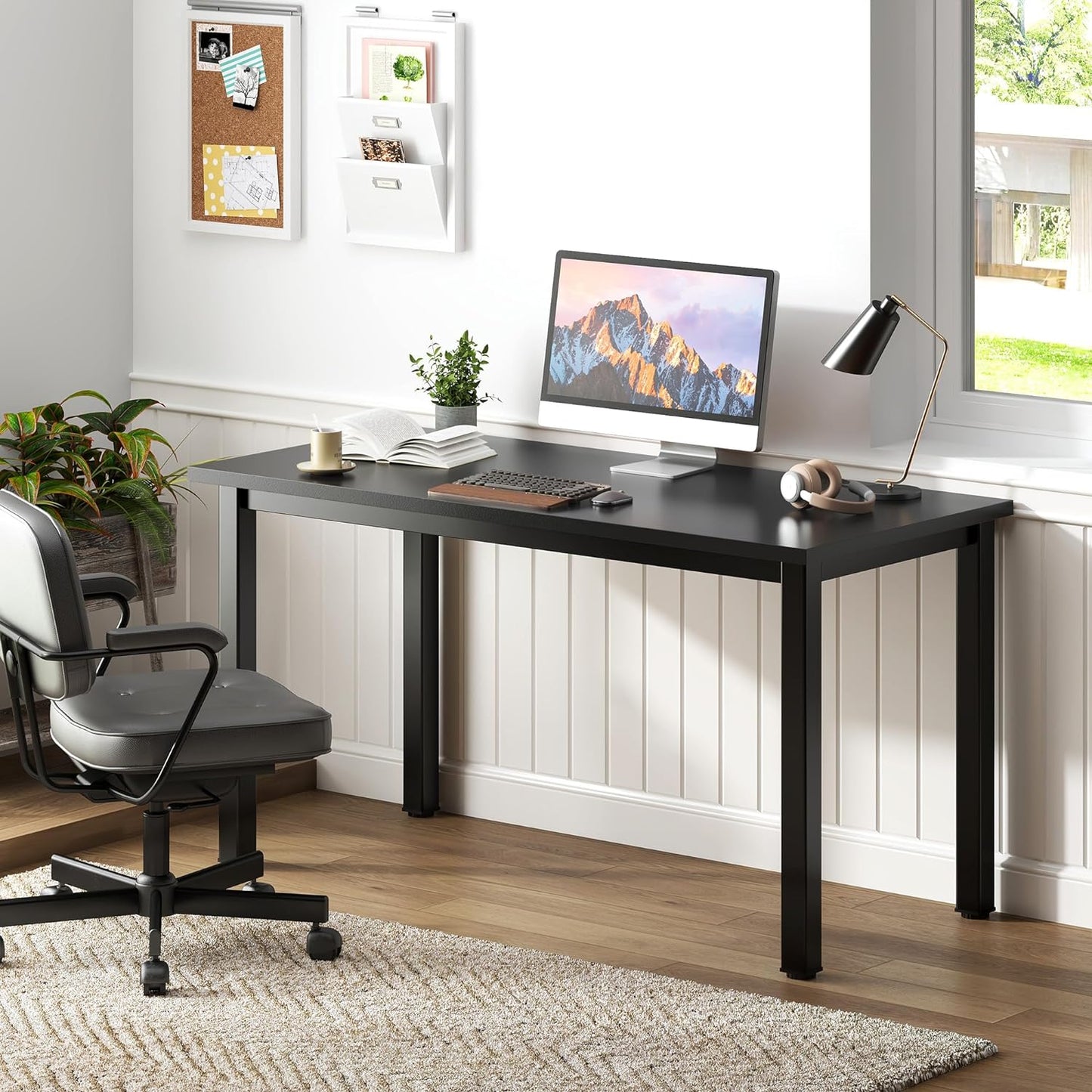 Computer Desk, 47 Inch Home Office Desk, Modern Simple Style Home Office Gaming Desk, Basic Writing Table for Study Student, Black Metal Frame, Black