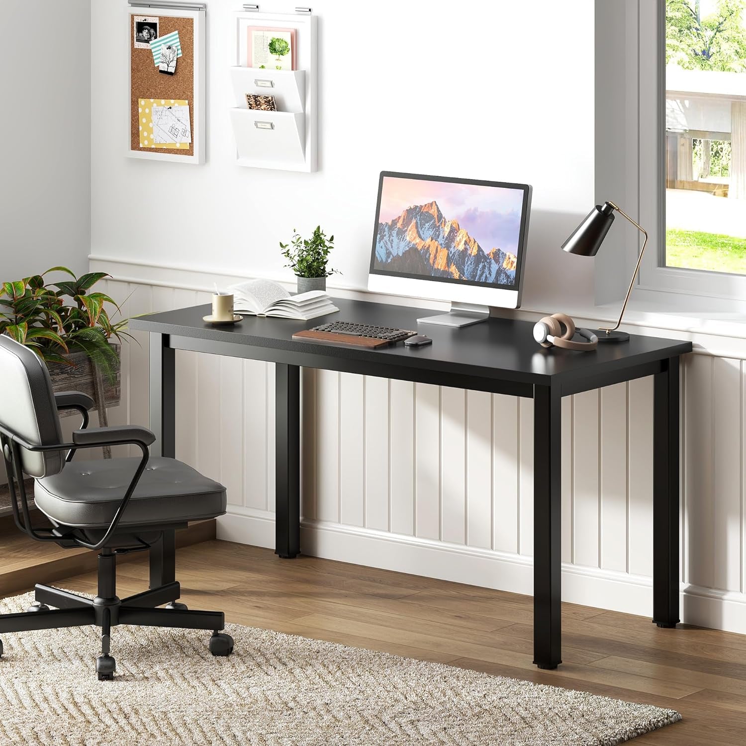 Computer Desk, 47 Inch Home Office Desk, Modern Simple Style Home Office Gaming Desk, Basic Writing Table for Study Student, Black Metal Frame, Black