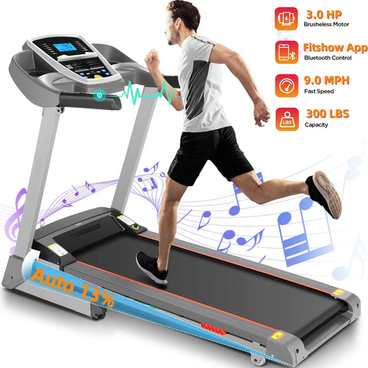 3.0HP Folding Treadmill W/ APP Control, 13 Level Auto Incline Treadmill for Home Office, 300Lbs Capacity, Foldable Treadmills with Shock Absorption System, Max 9 MPH Speed