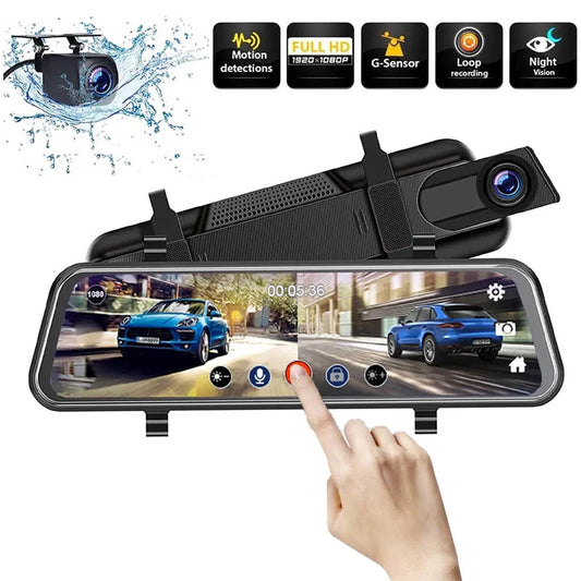 10" 1080P Mirror Dash Cam, Full Touch Screen Backup Camera Front and Rear View Parking Monitor with Super Night Vision, Motion Detection, G-Sensor