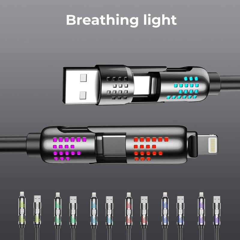 ERAZER 240W 4-In-1 USB-C Cable, 1 Count PD 5A Fast Charging & Data Sync Cable with Breathing Light, Aluminum Alloy Design Cable Compatible with Iphone 16/15, Ipad Pro, Samsung, and Laptops Android Device