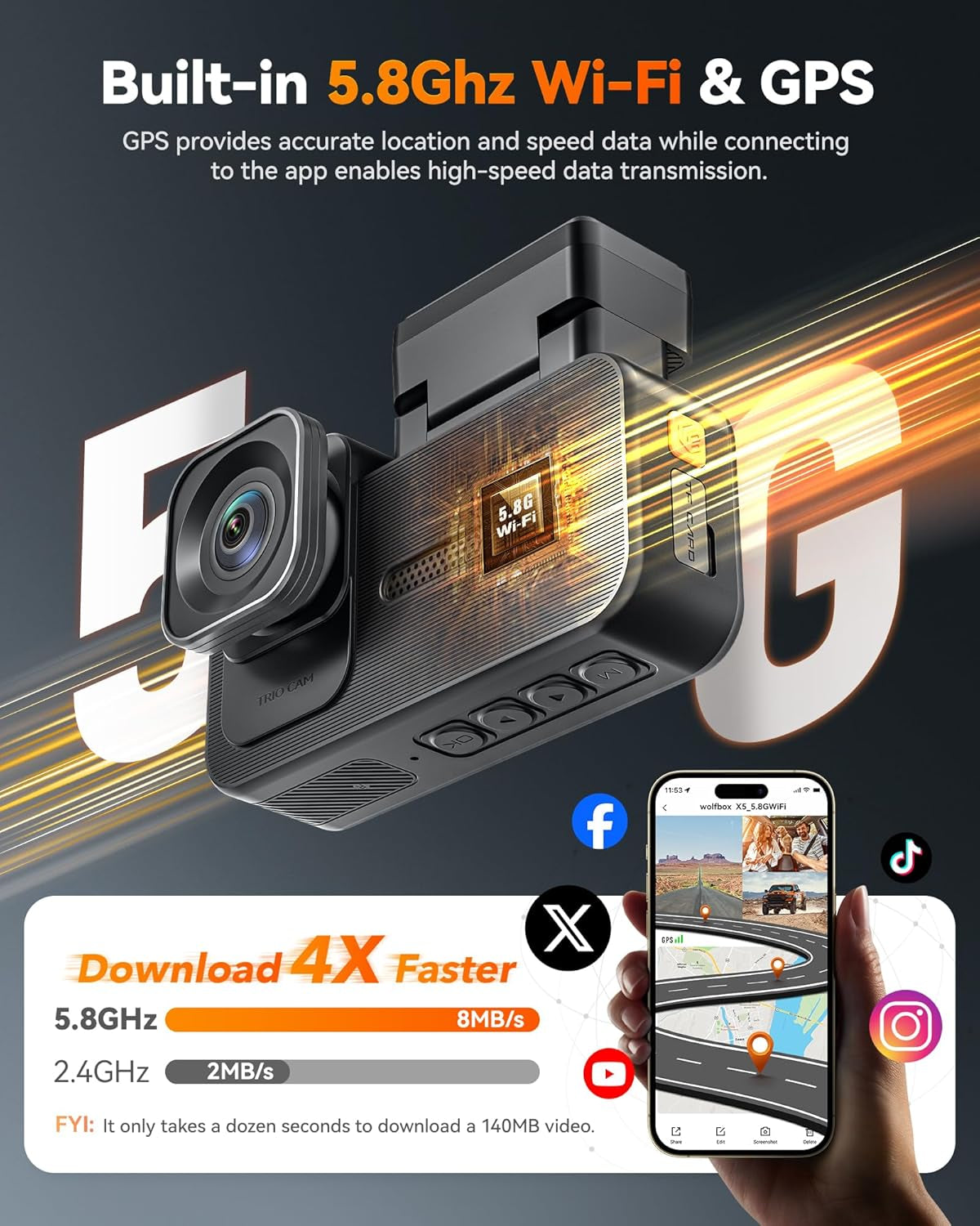 X5 3 Channel 4K Dash Cam, STARVIS 2 IMX678,4K+2.5K+1080P Front and Rear inside Triple Car Camera, Included 128GB Card, Voice Control, 5.8Ghz Wifi GPS, Touch Screen, Support 512GB Max