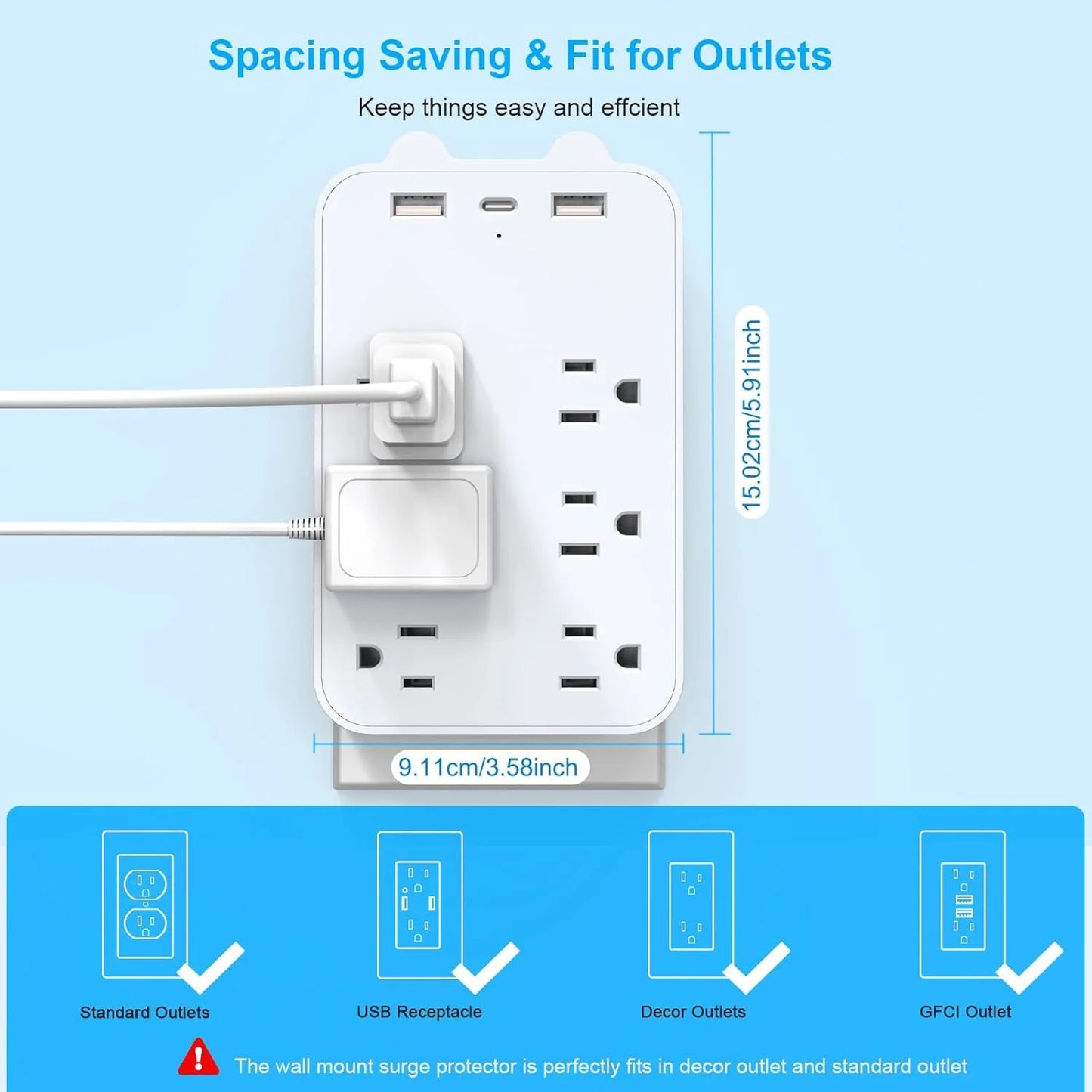 Wall Charger Surge Protector Power Strip Extension Cord 6 Outlet Extender with 3 USB Charging Ports 1050J Multi Plug Outlets Fast Wall Adapter Spaced for Home Travel Office