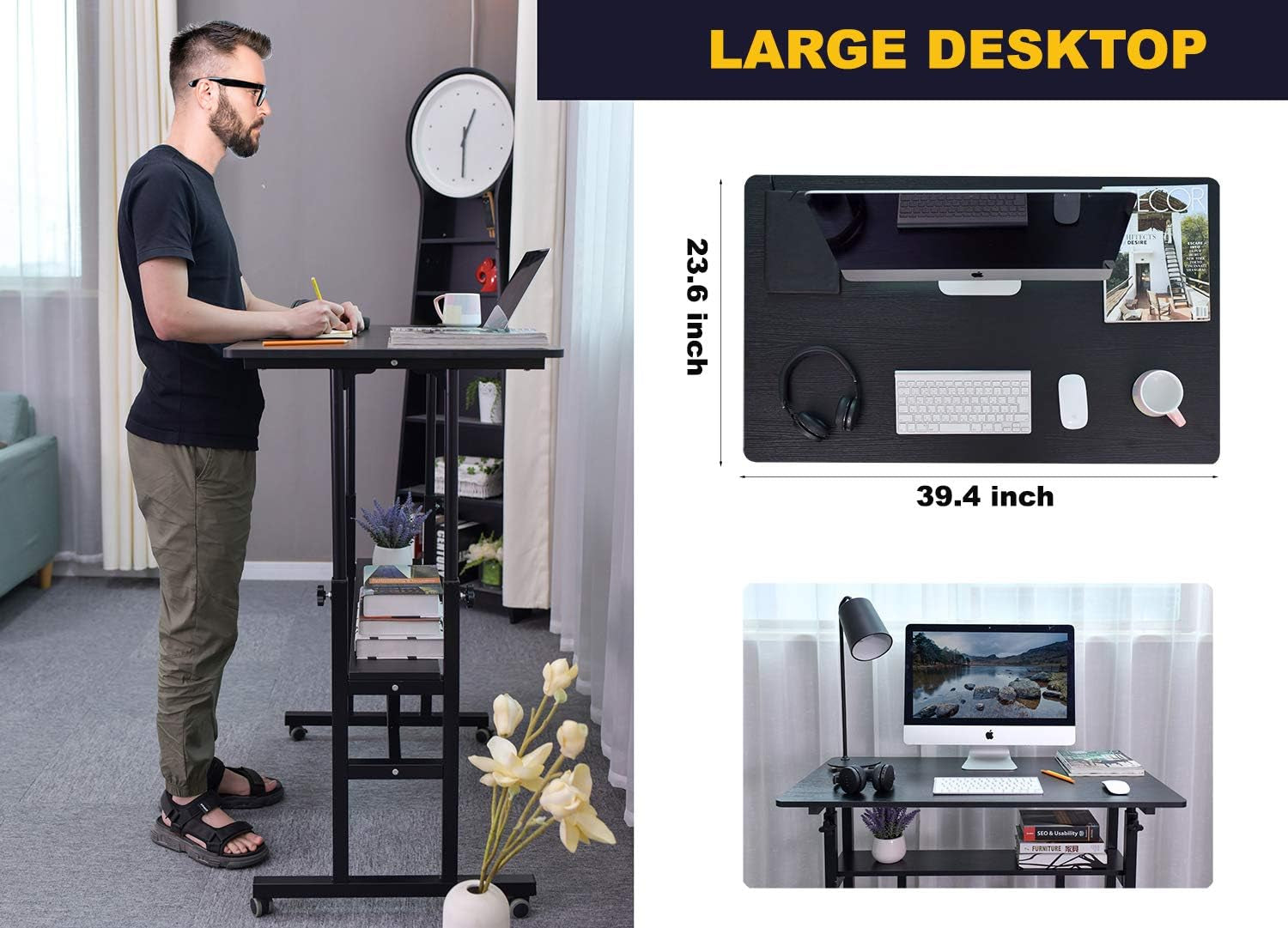 Mobile Standing Desk, Adjustable Computer Desk Rolling Laptop Cart on Wheels Home Office Computer Workstation, Portable Laptop Stand Tall Table for Standing or Sitting, Black, 39.4" X 23.6"