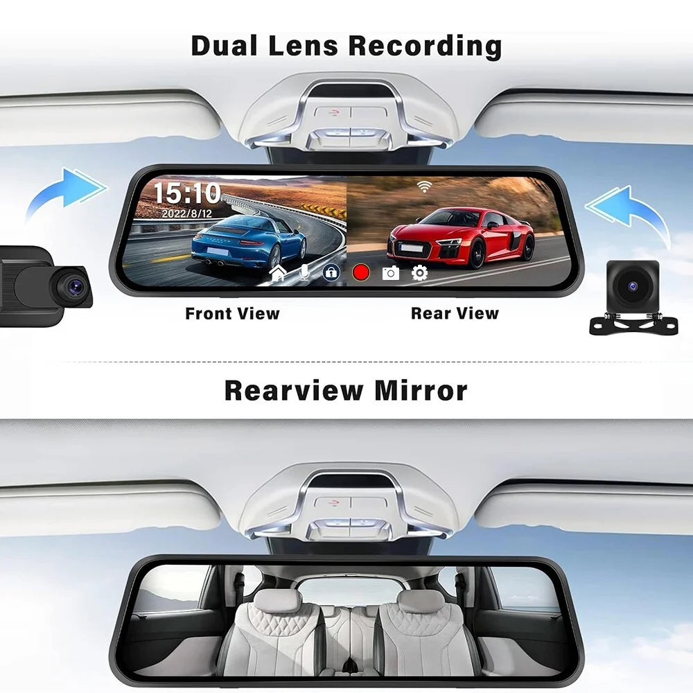 2.5K Mirror Dash Cam, 10" Rear View Mirror Camera, 1440P Front and 1080P Rear Camera with Wifi, Night Vision, Parking Assistance, Free 32GB Card