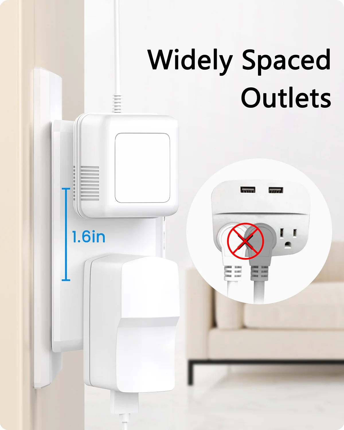Multi Wall Plug Outlet Extender,6 Way Outlet Adapter with Surge Protector,2 to 3 Prong 6 AC Power Outlet Splitter Wall Tap for Home Office 2 PACK