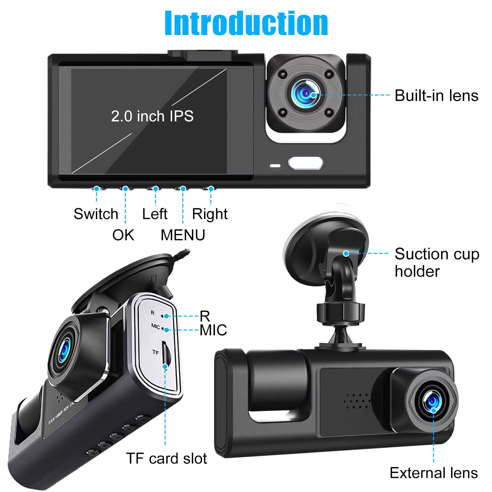 3 Lens Car DVR Dash Cam 1080P Front/Inside/R