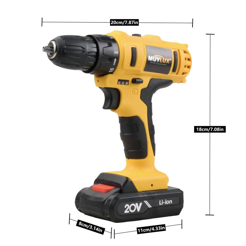 MUYLUX 20V Cordless Drill Set, 18+1 Torque Settings Electric Drill ,3/8 Inch Keyless Chuck, 2-Speed Level for Home Screwdriving and Drilling