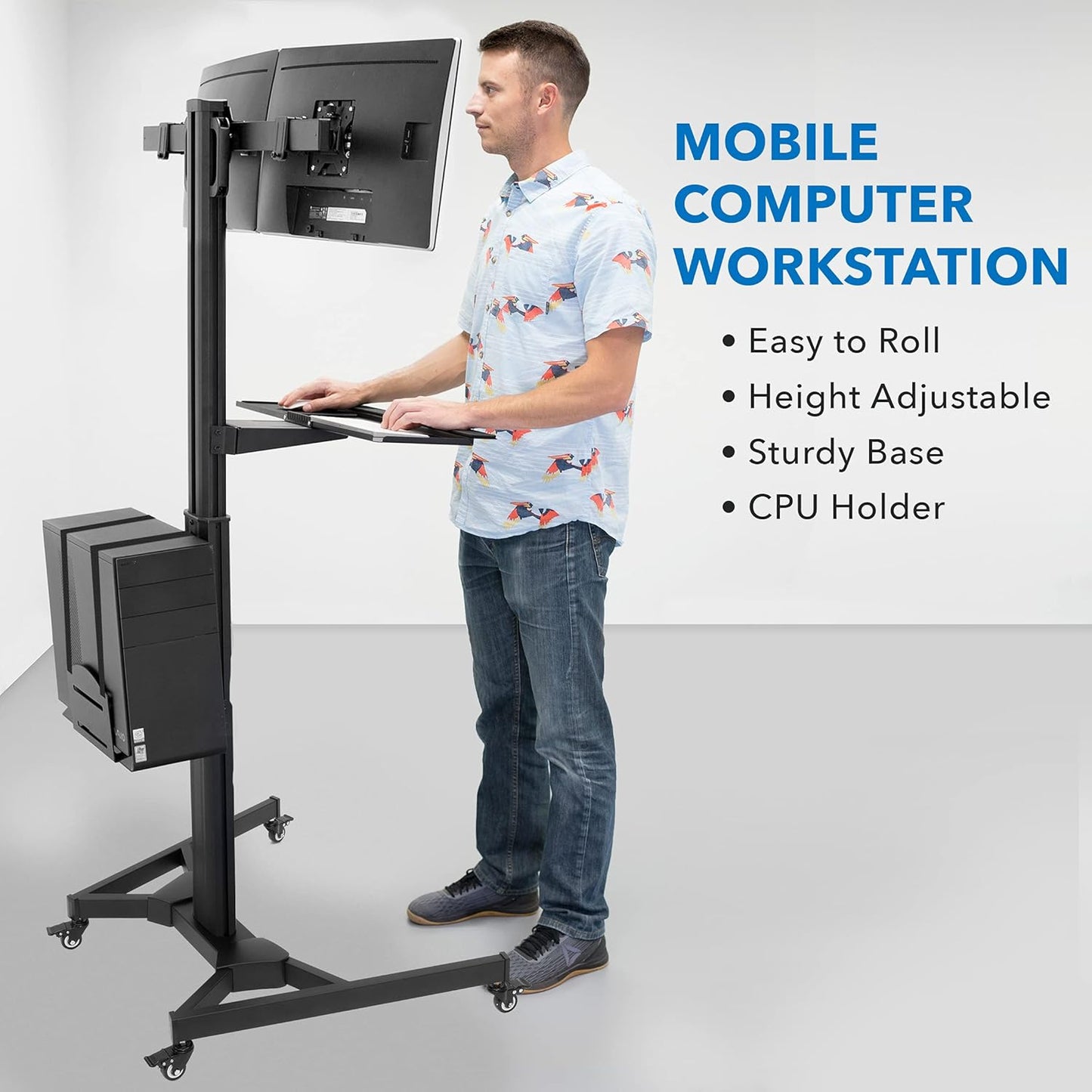 Adjustable Computer Cart, Rolling Computer Desk with Dual Monitors for Screens up to 32", Mobile Desk Workstation with Keyboard Mouse Tray and CPU Holder - Office, Medical, School, Hospital