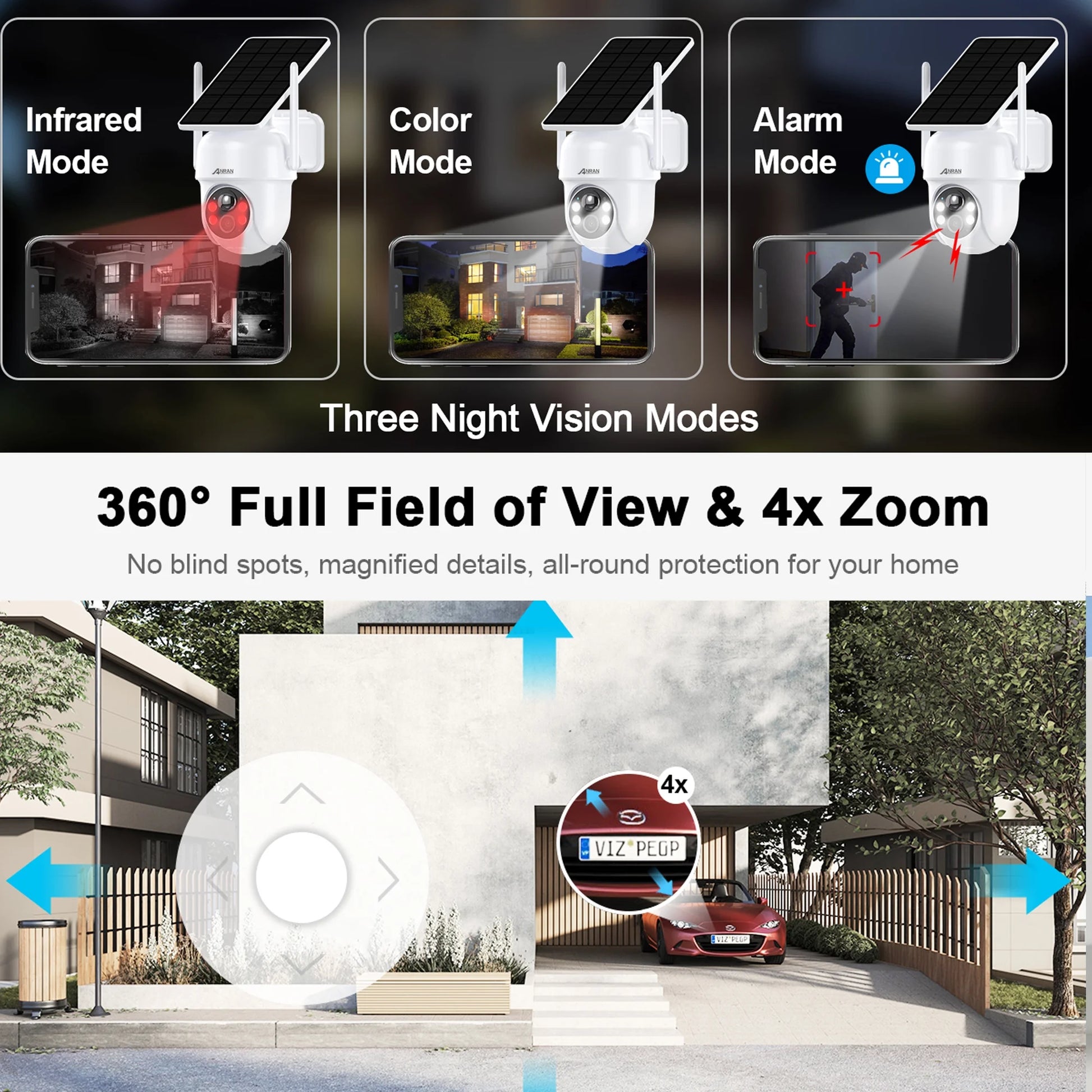 2K Solar Security Camera with Spotlight,  Wireless Outdoor Camera with Smart Siren, Built-In Solar Panel, Two Way Talk, PIR Human Detection, 360° Pan Tilt Control Home Surveillance Camera