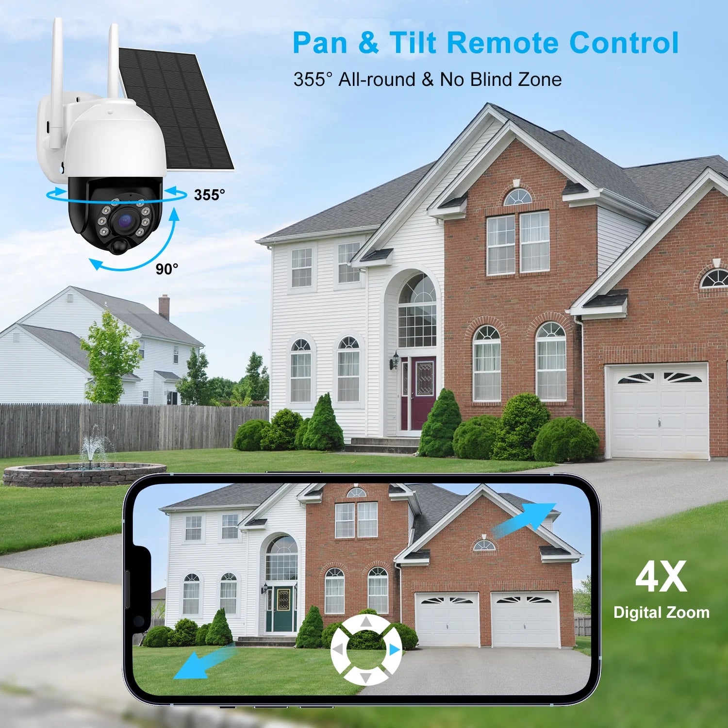 2K Solar Security Camera Outdoor, Security Camera Wireless Wifi with Spotlight, 4X Digital Zoom, 360° View, PIR Motion Detection, Full Color Night Vision, IP66 Waterproof, Two-Way Talk