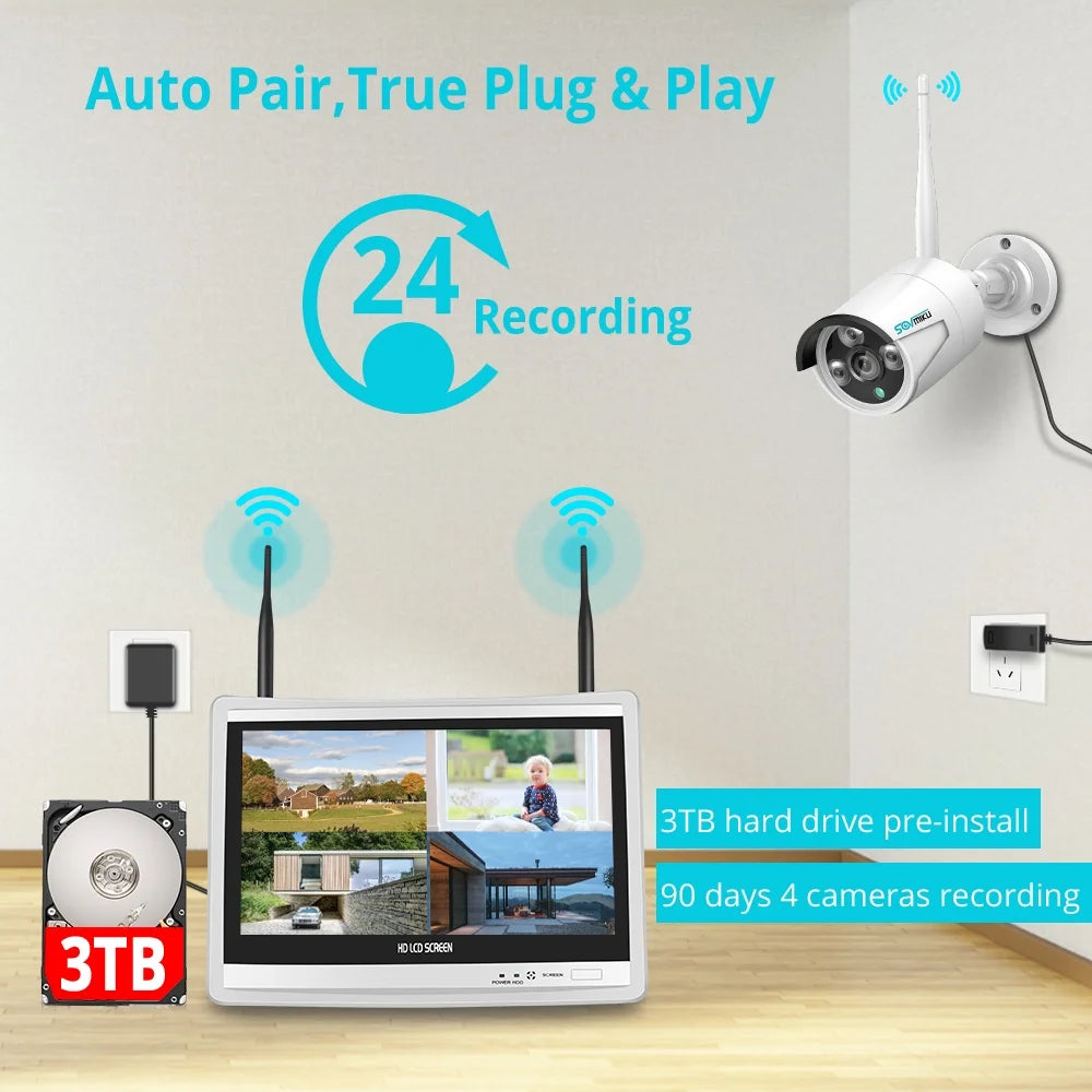 4Pcs 3MP Security Camera System with 12.1" Monitor, 3TB Hard Drive, Color Night Vision , IP66 Waterproof, Motion Alert