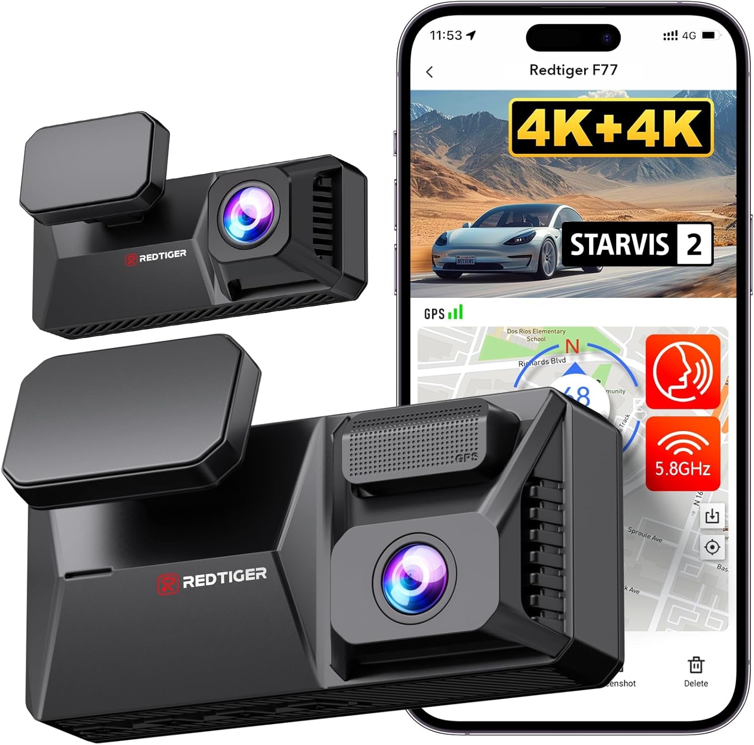 F77 4K+4K Front and Rear Dash Cam with HDR, Dual STARVIS 2 IMX678 Sensor, Voice Control Dash Camera for Cars with 128GB Emmc Storage, 5.8Ghz Wifi, 4'' Touch Screen, 24H Parking Mode