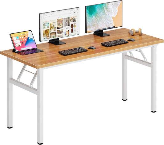 Computer Desk 62 Inches Office Desk Computer Table Study Writing Desk Workstation for Home Office Metal Frame Teak and White