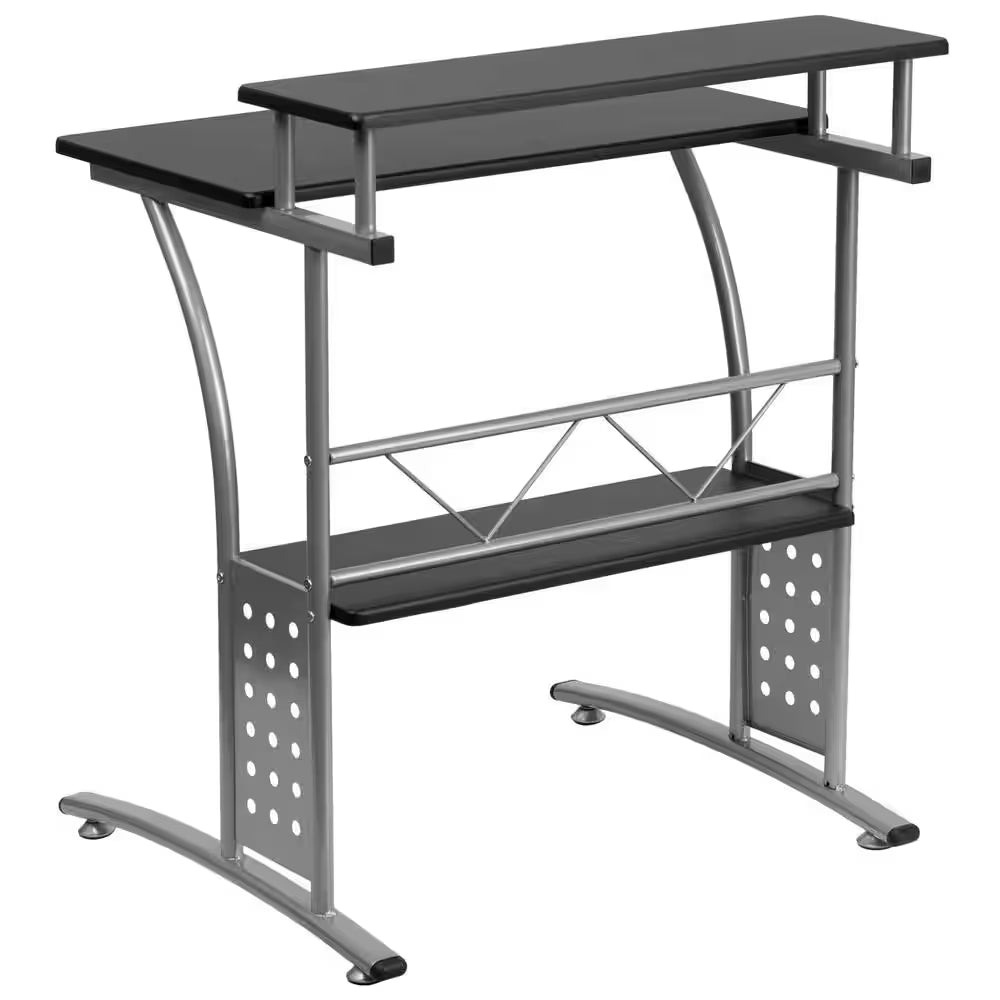 Black 28 In. W Clifton Modern Computer Desk with Top and Bottom Storage Shelves, Small Computer Desk for Home Office