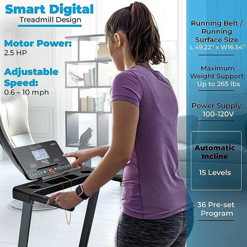 Folding Exercise Running Treadmill Machine, Upgraded Electric Motorized Exercise Equipment with 36 Pre-Set Program, 15 Incline Level, Bluetooth Music and App Support for Home Gym or Office