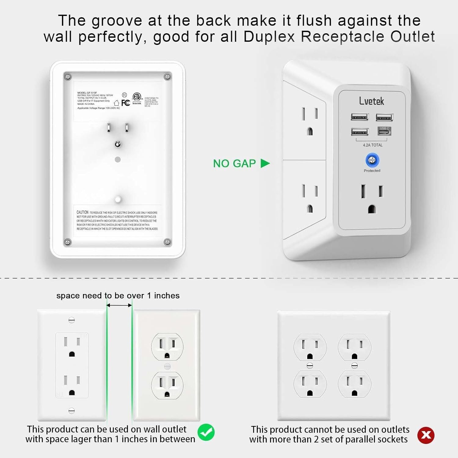5 Outlet Surge Protector Wall Mountable Charger with 4 USB Ports - 1680J Multi P