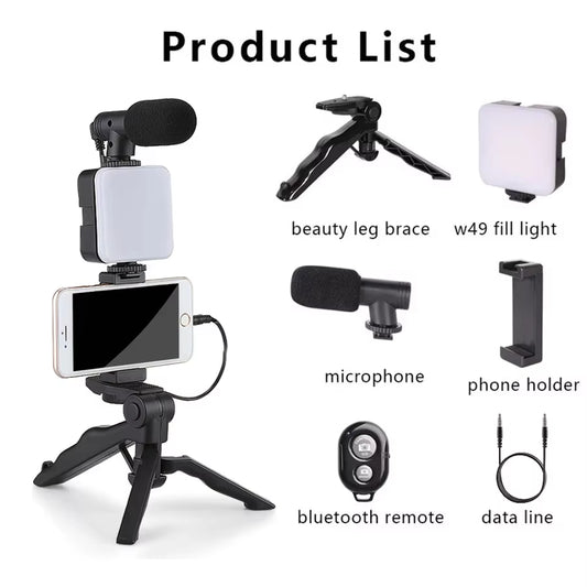 Smartphone Vlogging Kit: Tripod, Phone Holder, Mini Microphone, and LED Fill Light for TikTok Live Streaming and YouTube Videos