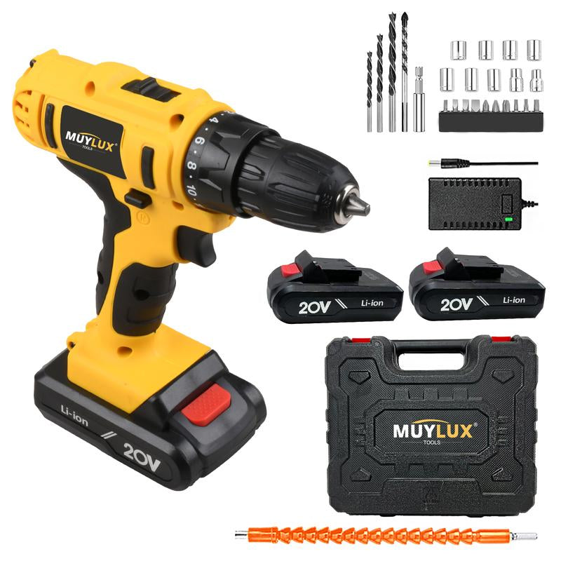 MUYLUX 20V Cordless Drill Set, 18+1 Torque Settings Electric Drill ,3/8 Inch Keyless Chuck, 2-Speed Level for Home Screwdriving and Drilling