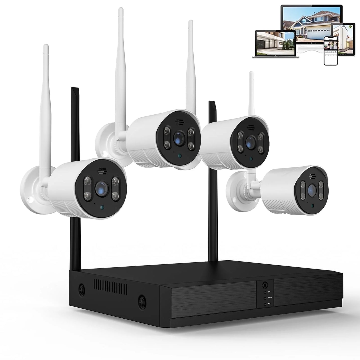 4Pcs Wired Security Camera System, 8CH 3MP NVR, 1080P Surveillance Cameras with Color Night Vision, IP66 Waterproof, Indoor/Outdoor, Wireless Wi-Fi APP Control, No HDD