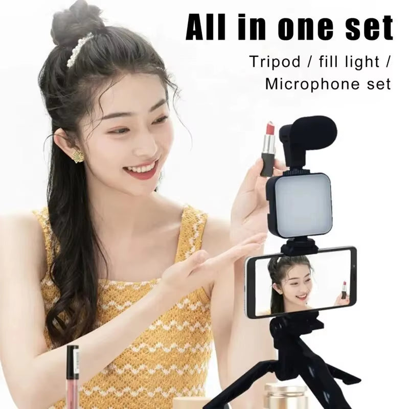 Smartphone Vlogging Kit: Tripod, Phone Holder, Mini Microphone, and LED Fill Light for TikTok Live Streaming and YouTube Videos