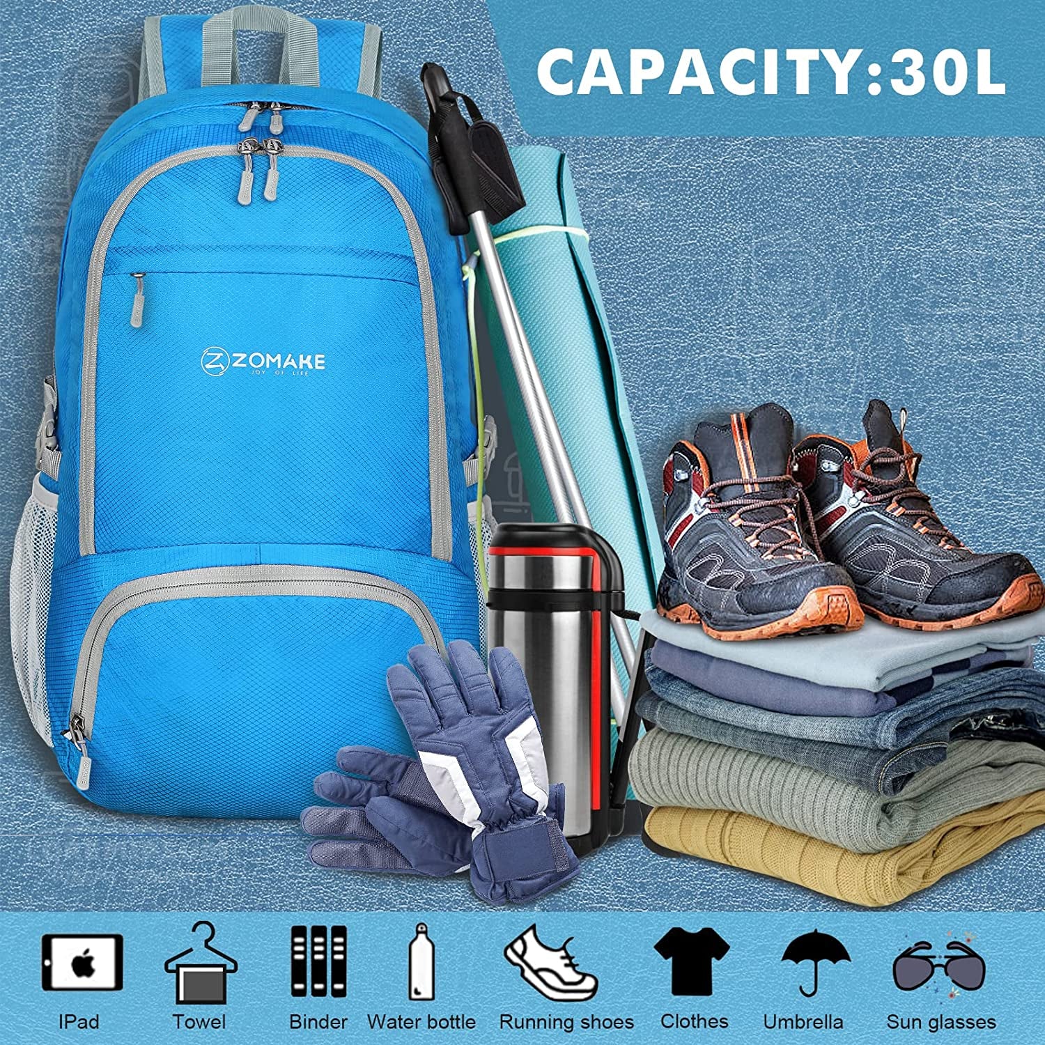 Lightweight Packable Backpack 30L, Foldable Hiking Backpacks Water Resistant Compact Folding Daypack for Travel(Light Blue)