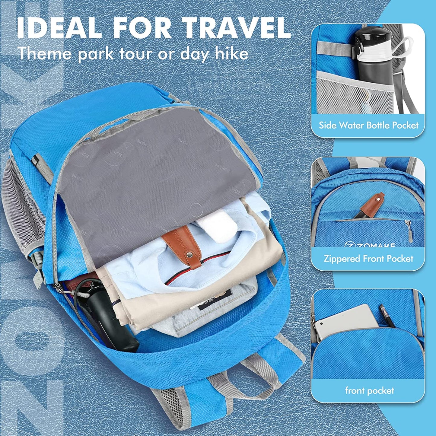 Lightweight Packable Backpack 30L, Foldable Hiking Backpacks Water Resistant Compact Folding Daypack for Travel(Light Blue)