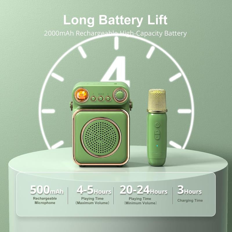 ICARER FAMILY Karaoke Machine for Kids and Adults, Mini Portable Blue-Tooth Karaoke Speaker with 2 Wireless Microphones, Birthday Gifts for Girls Boys Outdoor Travel Home Party Audio Bluetooth Stereo Usb Smartphone Connection Digital Handle Male Noise