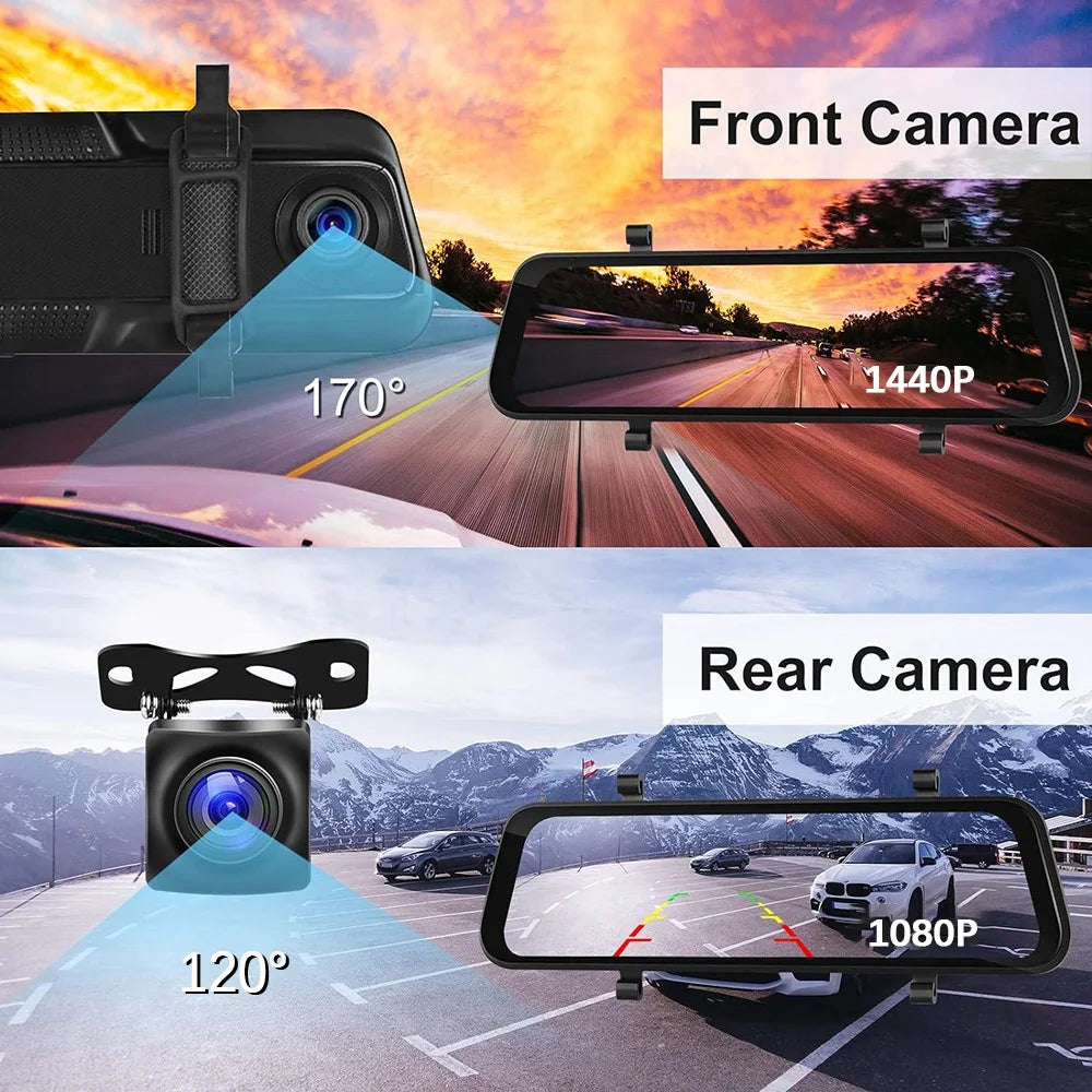 2.5K Mirror Dash Cam, 10" Rear View Mirror Camera, 1440P Front and 1080P Rear Camera with Wifi, Night Vision, Parking Assistance, Free 32GB Card