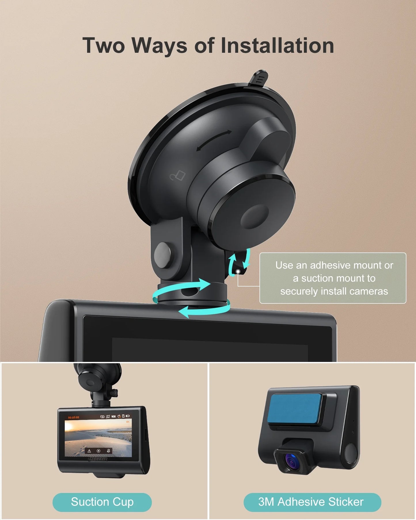 4K Dash Cam Front and Rear Wi-Fi GPS, 3" Touchscreen, 4K+1080P Dual Dashcam, 1 Pack, New
