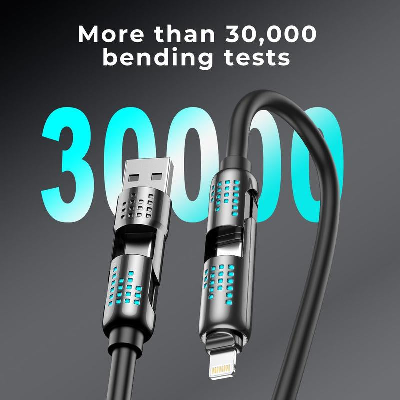 ERAZER 240W 4-In-1 USB-C Cable, 1 Count PD 5A Fast Charging & Data Sync Cable with Breathing Light, Aluminum Alloy Design Cable Compatible with Iphone 16/15, Ipad Pro, Samsung, and Laptops Android Device