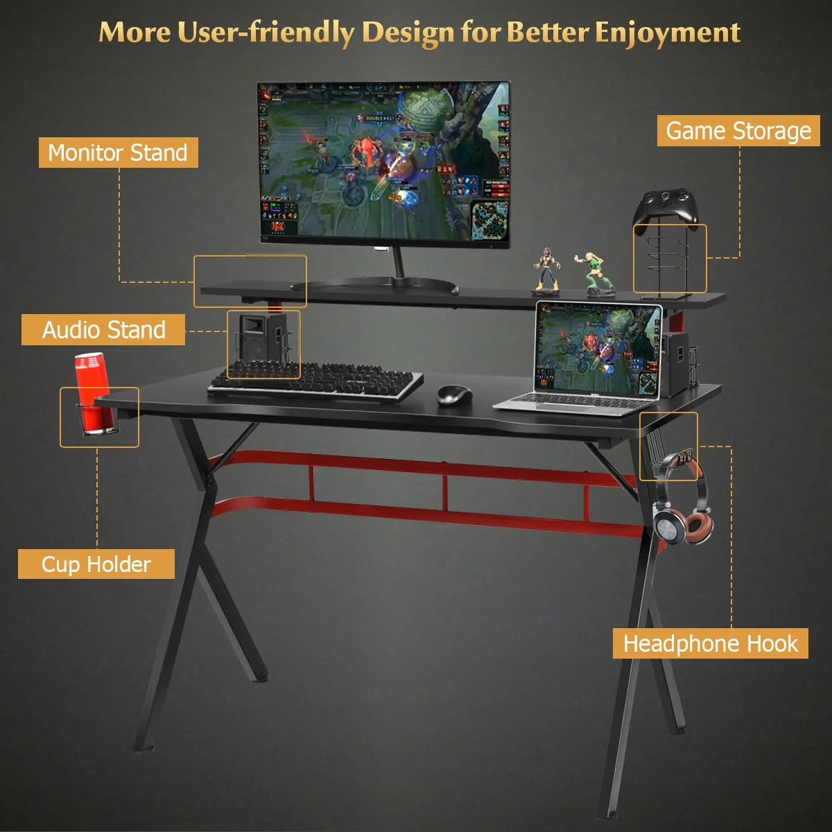 Gaming Computer Desk W/ Monitor Shelf & Storage for Controller Headphone Speaker