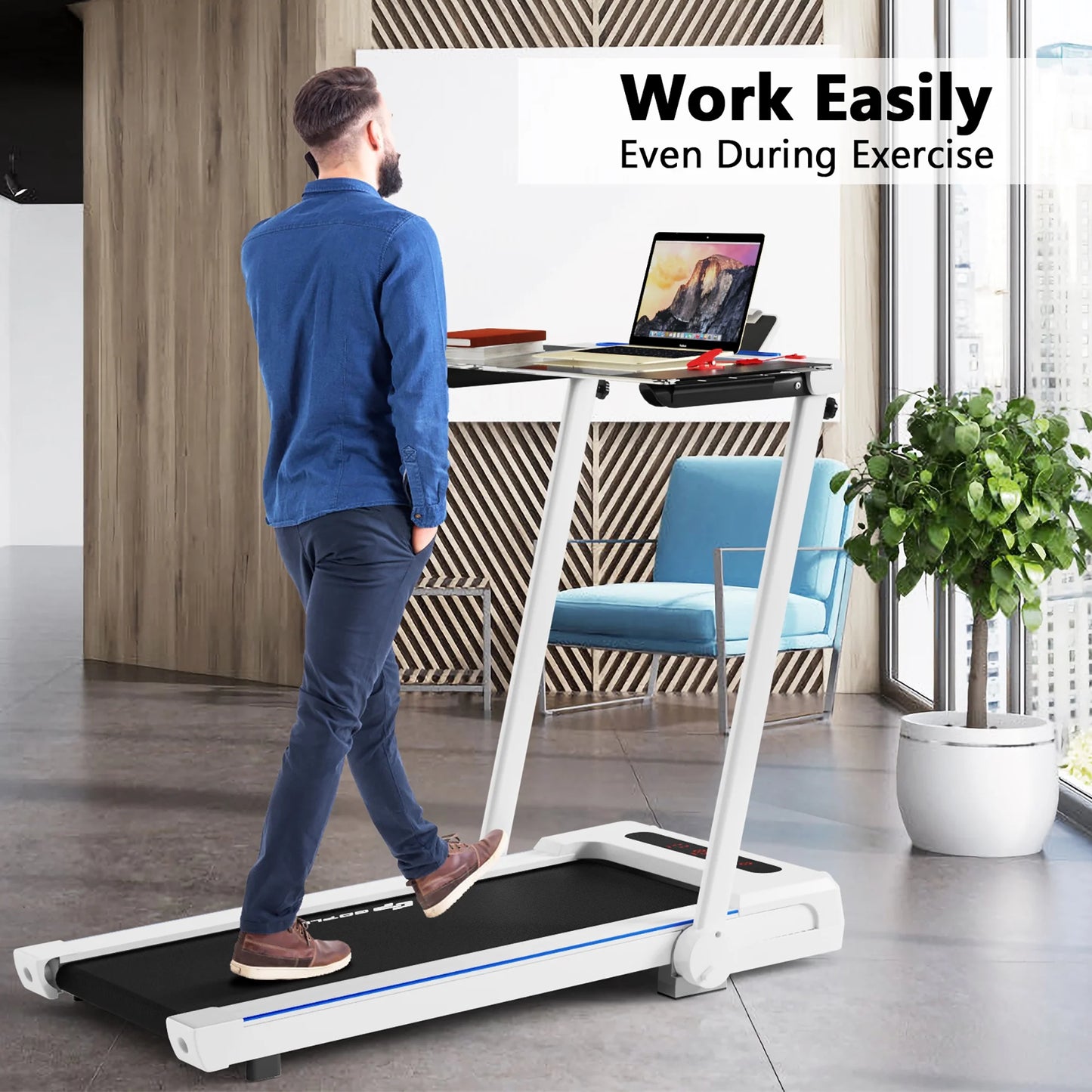 Goplus 2.25HP 3-In-1 Folding Treadmill W/Table Speaker Remote Home Office White