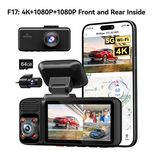 Redtiger F17 4K 3-Channel Dashcam + Hardwire Kit Double-4 Fuses with IR Night Vision & G-Sensor Emergency Recording Springtok