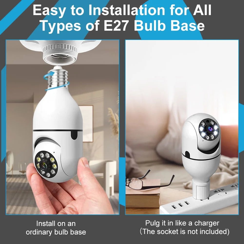 Home Security Camera Wireless WIFI Outdoor Surveillance Camera with Light Bulb 1080 HD Motion Detection 360 Degree Wide Angle
