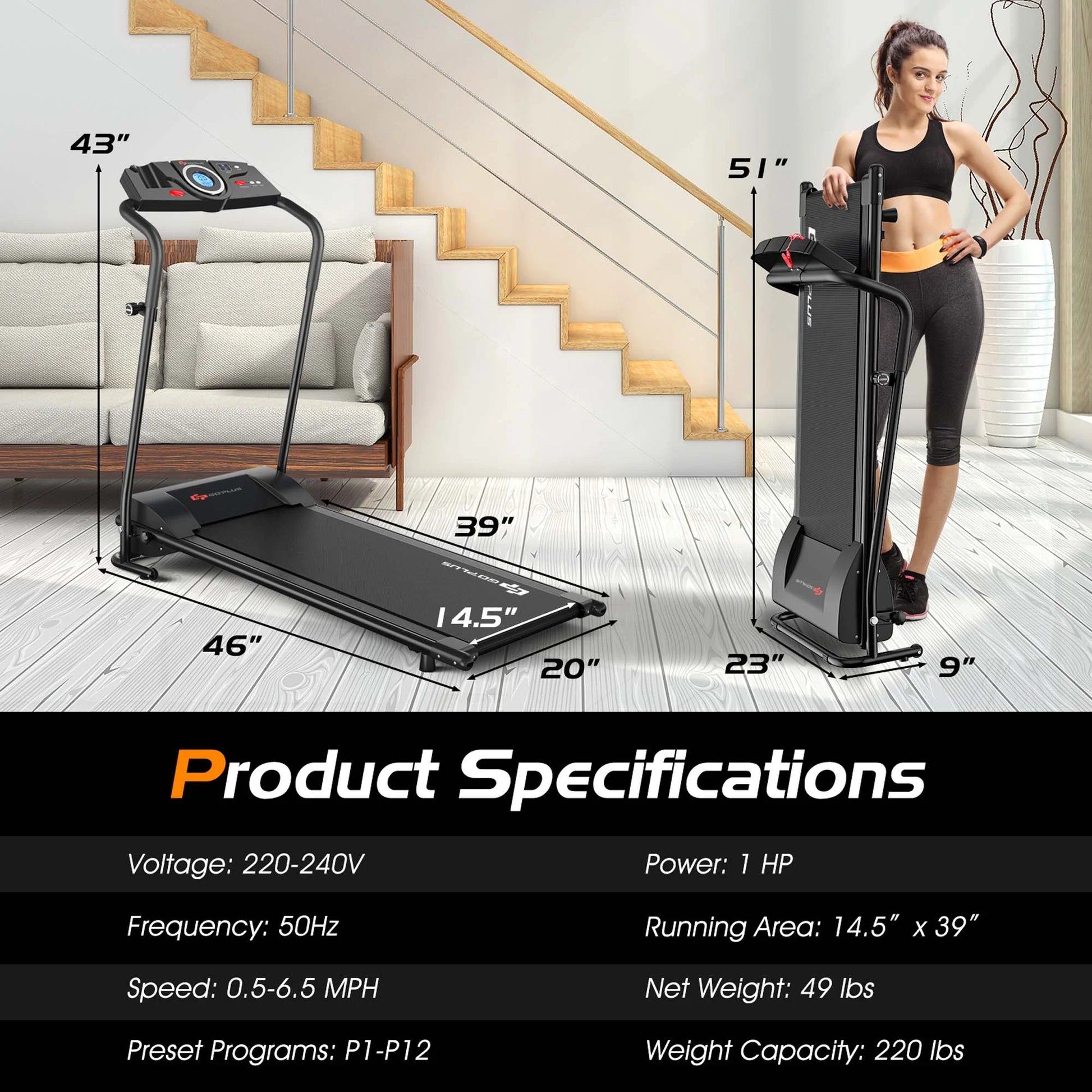 Goplus 1HP Electric Treadmill Folding Motorized Power Running Machine Fitness
