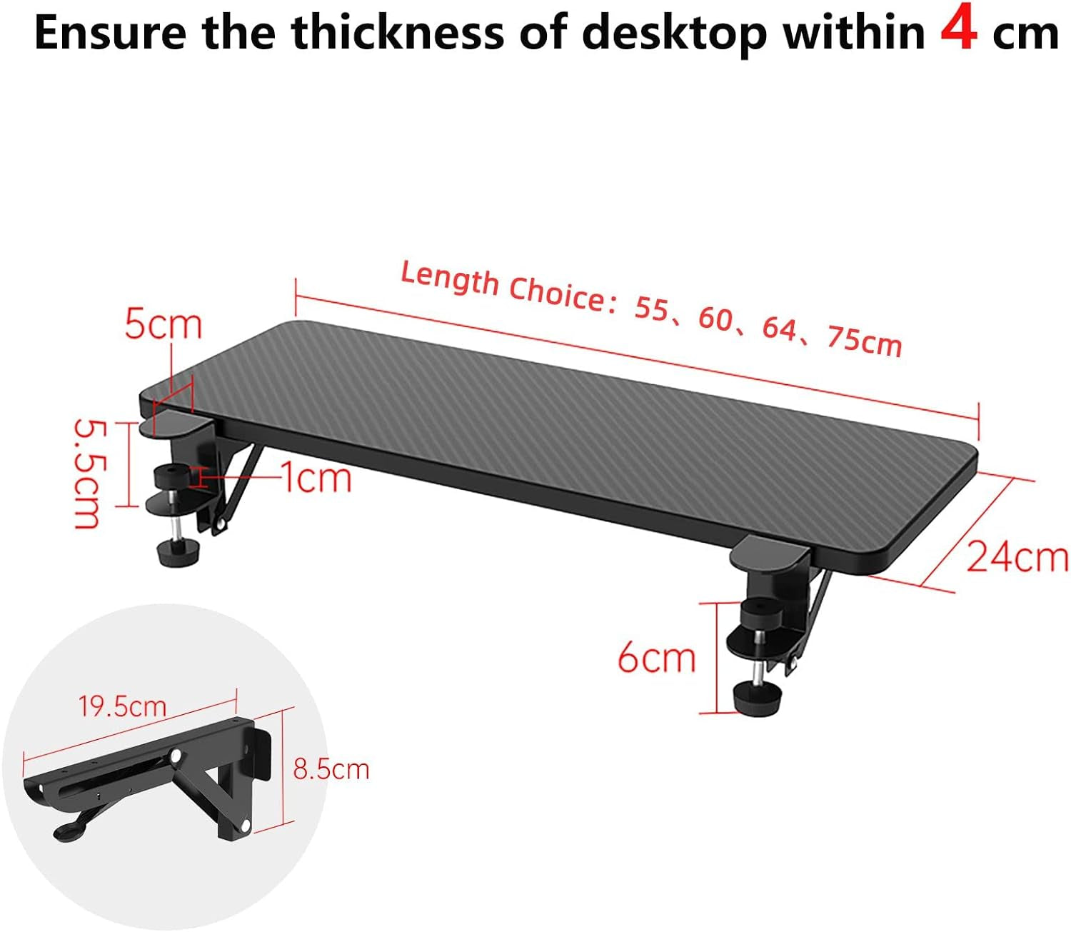 Ergonomic Desk Extension Tray, 75X24Cm, Clamp without Punch, Keyboard Drawer Tray, Computer Armrest Table Stand