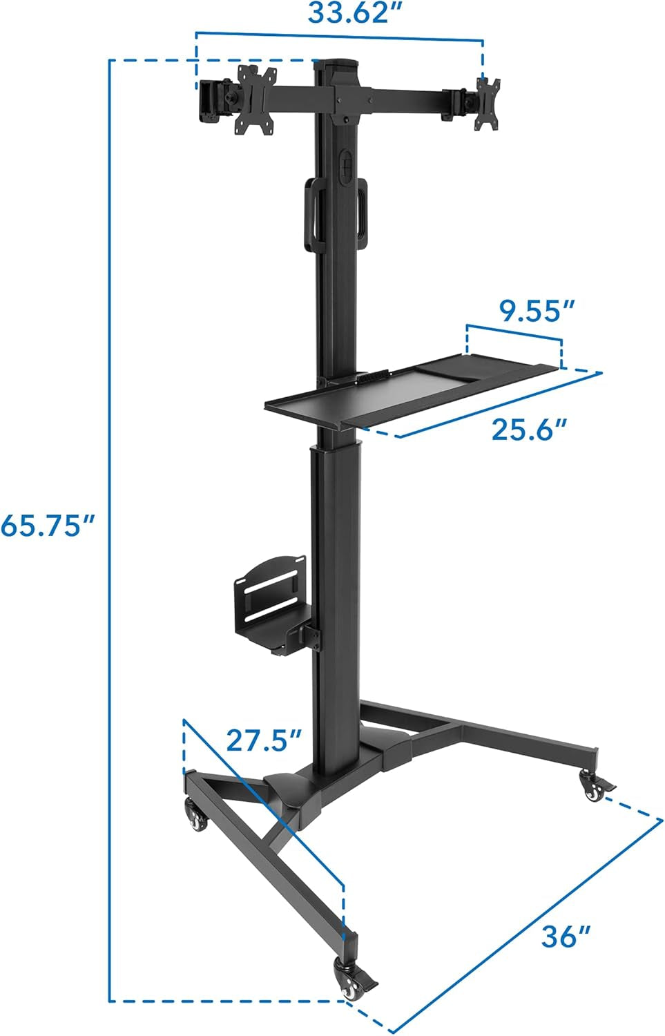 Adjustable Computer Cart, Rolling Computer Desk with Dual Monitors for Screens up to 32", Mobile Desk Workstation with Keyboard Mouse Tray and CPU Holder - Office, Medical, School, Hospital